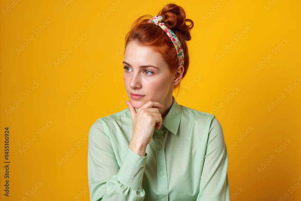 A thoughtful young woman with red hair and a floral headband, wearing a green shirt, poses against a bright yellow background.
