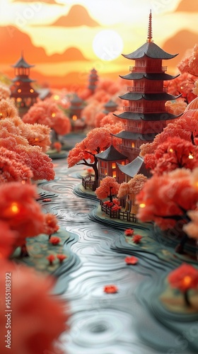 Papercut Paper Cut Kyoto Gion Pagoda Japan Travel Scen ic Landscape Destination Phone Mobile Background Wallpaper Art Illustration