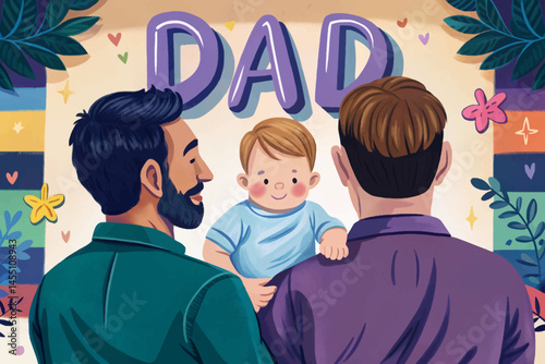 Vector illustration of happy father holding infant baby in arms, back view. Tender dad and son moment symbolizing love, bonding, and fatherhood. Ideal for parenting, family care, and Father's Day
