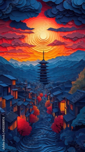 Papercut Paper Cut Kyoto Gion Pagoda Japan Travel Scen ic Landscape Destination Phone Mobile Background Wallpaper Art Illustration