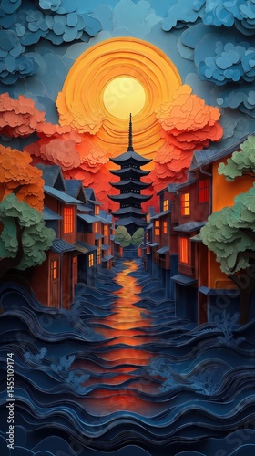 Papercut Paper Cut Kyoto Gion Pagoda Japan Travel Scen ic Landscape Destination Phone Mobile Background Wallpaper Art Illustration
