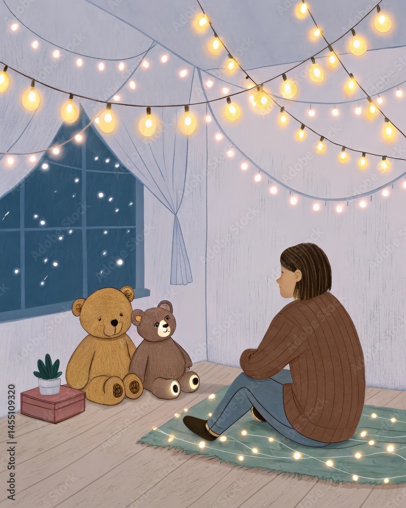 A cozy room filled with bears and fairy lights where an adult sits crosslegged on the floor reminiscing about childhood stories and the safety of being nurtured.