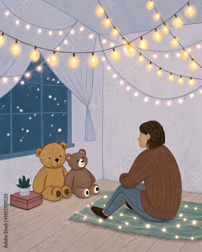 A cozy room filled with bears and fairy lights where an adult sits crosslegged on the floor reminiscing about childhood stories and the safety of being nurtured.