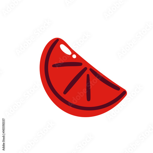 Juicy tomato slice with bold red color and visible inner segments in flat cartoon style. Great for food labels, pizza toppings, or cooking apps. Vector illustration.