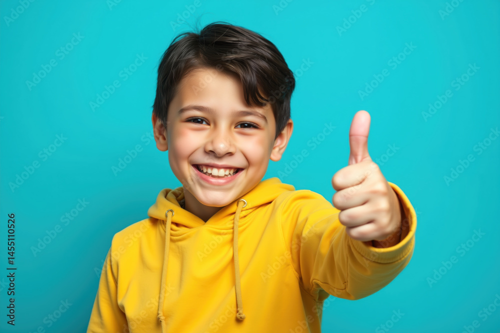 A cheerful young boy wearing a yellow hoodie, smiling brightly, and giving a thumbs up against a vibrant blue background.