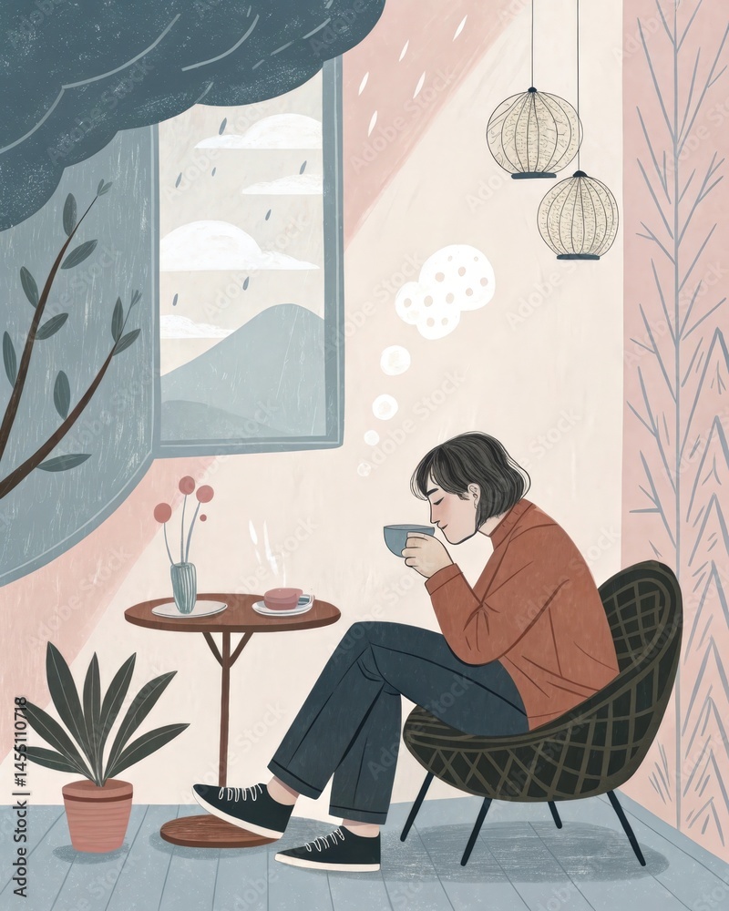 An individual is in a cozy nook sipping tea mentally confronting selfdoubt by jotting down thoughts and responding to them as if holding a balanced debate between worry and