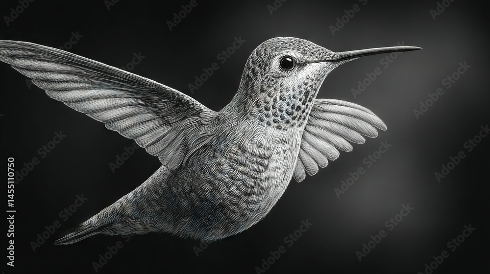 Fototapeta premium A monochrome image depicts a hummingbird mid-flight, with spread-open wings