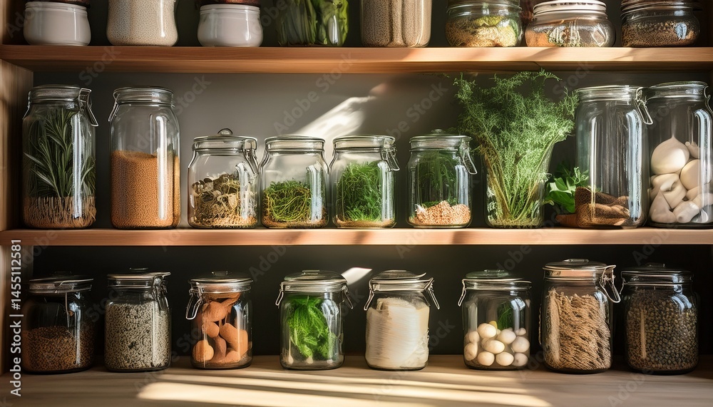 organized kitchen pantry with glass jars herbs and natural lighting organized kitchen pantry with glass jars herbs and natural lighting
