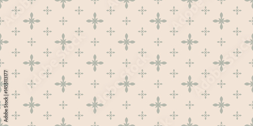 Vector floral minimalist seamless pattern. Abstract minimal geometric ornament with flowers in oriental style. Simple sage green and beige background. Vintage geo texture. Repeated delicate design