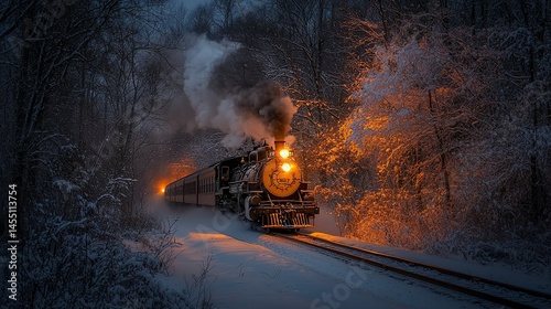 Winter steam train through snowy forest at night