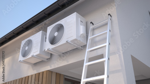 Fotografía HVAC technician servicing outdoor air conditioner unit on building wall – 3D ill