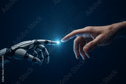 Human Hand and Robotic Hand Touching Futuristic Technology. innovation and futuristic.