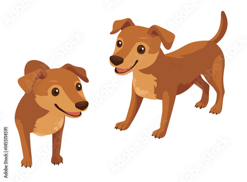Cute game character of dog, domestic animal in 3d flat back and front view, and farm animal isometric icon