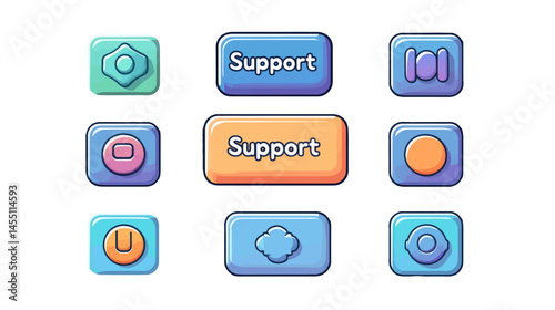 For game and app design, the GUI Kit offers a collection of casual assets, including buttons of different colors and shapes, modern UI objects, and modern illustrations, all suitable for a mobile