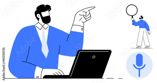 Man gestures while seated at a laptop, additional person holds speech bubble, microphone symbol nearby. Ideal for communication, teamwork, instruction, speech, remote work, collaboration simple