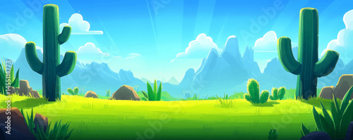 The background features a 2D grassland, an animated garden, and a blue sky, all in a cartoon illustration style