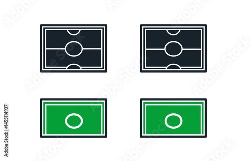The football field icon is depicted in a simple flat style as an illustration and logo sign symbol, also functioning as a pictogram template, intended for UI or UX, isolated on white, and editable