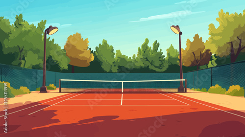 A sleek, modern design for a tennis court incorporates a simple yet elegant layout, paired with vibrant colors for a professional atmosphere