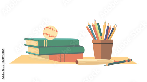The illustration is a still life of a table containing baseball, wooden objects, and books