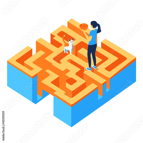 In a modern flat illustration, a person is depicted aiding a cat in escaping a maze with a colorful background