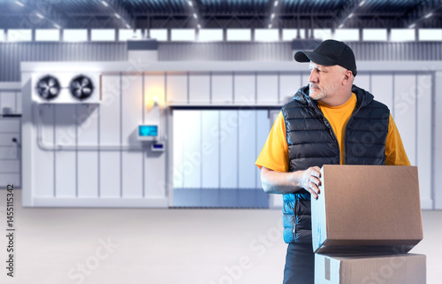 Man with boxes near cold st...