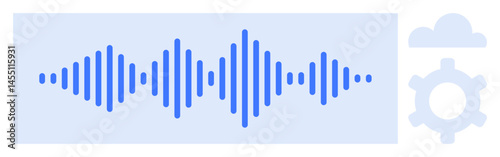 Blue soundwave flowing between icons of cloud and gear representing audio streaming, technology, and processing. Ideal for music, podcasting, cloud services, AI, automation, communication flat