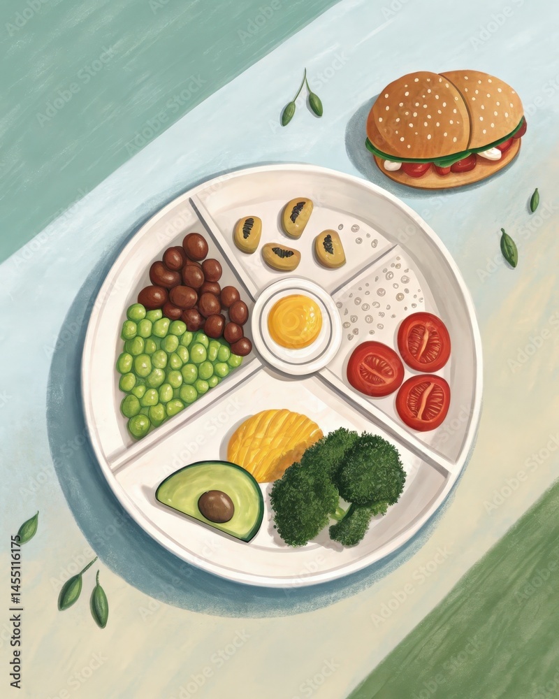 A balanced meal plate showcasing both nutrientdense foods and comfort foods symbolizing the need for balance between discipline in selfimprovement and enjoying lifes s.