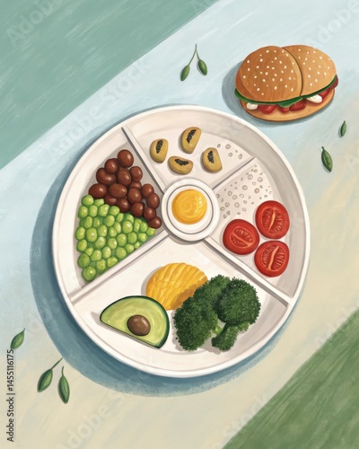 Obraz na płótnie A balanced meal plate showcasing both nutrientdense foods and comfort foods symbolizing the need for balance between discipline in selfimprovement and enjoying lifes s. w salonie