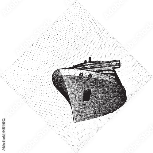 A weathered dark gray vessel rests on a textured surface.