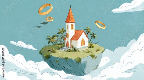 Floating Island Hosts Wedding Rings in a Whimsical Sky