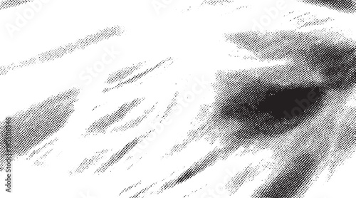 A close-up black and white showcases a singular intense eye with detailed textures.