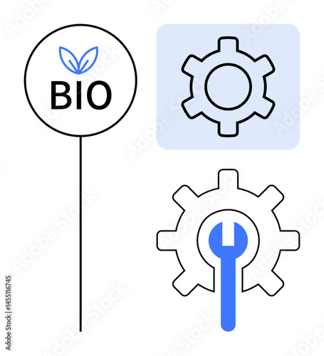 Gear with wrench symbolizing innovation, bio sign with leaf for eco-consciousness, and gear outline depict sustainability, engineering, process optimization. Ideal for technology, environment