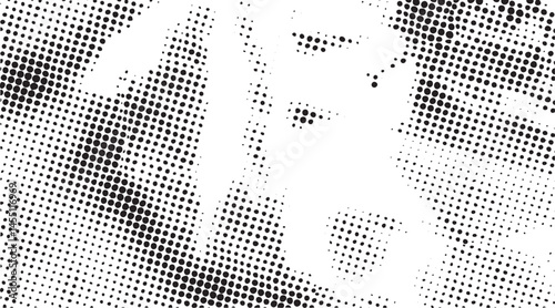 A grayscale portrait features a woman’s face partially obscured by dynamic repeating polka dots.