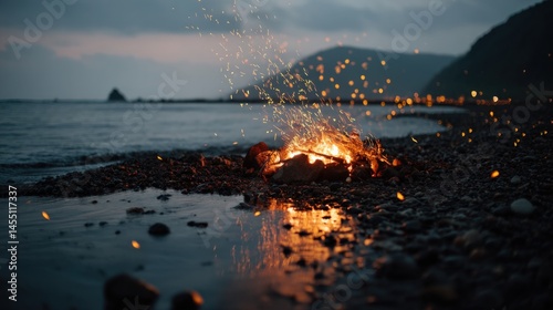 Midnight Bonfire Sparks Dance Above the Tranquil Beach Waters