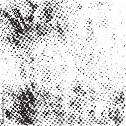 A textured black and white abstract with scattered dots.