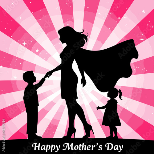 Mother's Day Silhouette: A powerful silhouette of a mother embraces her children, set against a radiant backdrop of pink hues, conveying the core of maternal love and a happy mother's day.