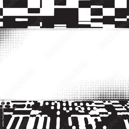 A stark white rectangular frame dominates a dynamic pixelated background.