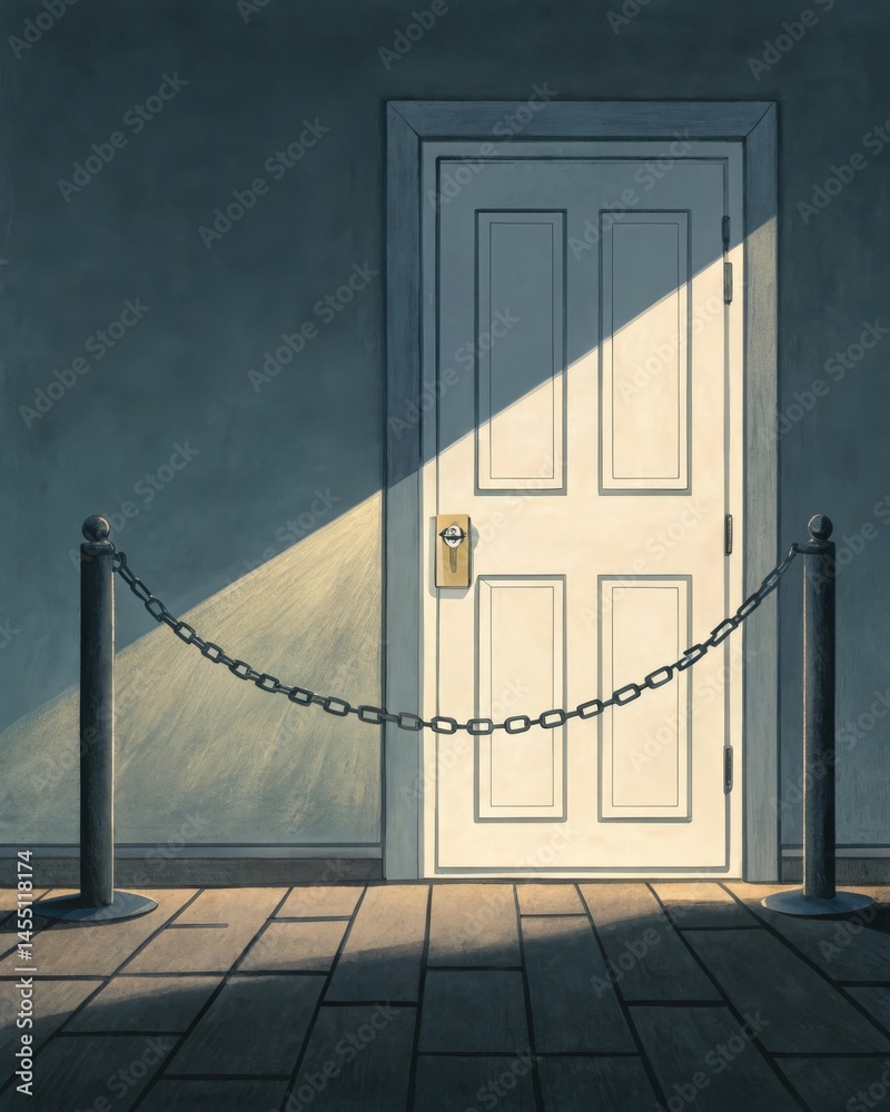 A closed door with light seeping from underneath representing opportunities and happiness just out of reach locked behind an imtrable barrier.