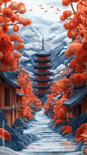 Papercut Paper Cut Kyoto Gion Pagoda Japan Travel Scenic Winter Landscape Destination Phone Mobile Background Wallpaper Art Illustration