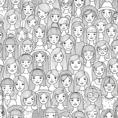 Unified Feminine: An intricately illustrated crowd of diverse women, each with a unique style and expression, symbolizes the strength and solidarity of the female spirit.