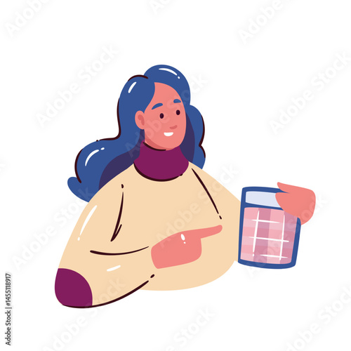 Woman holding and pointing at calculator, symbolizing financial calculations, expense tracking, and budget management. Cartoon doodle style for finance or personal budgeting. Vector illustration.