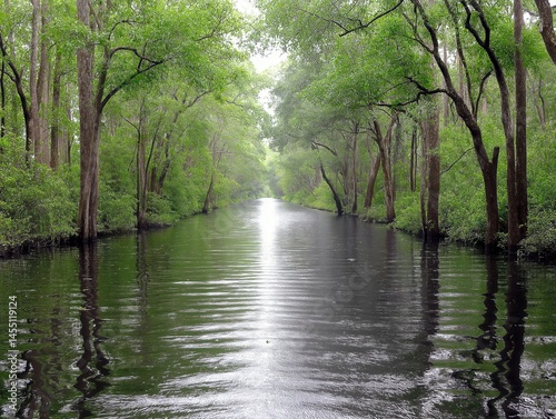 Tranquil River Surrounded by Lush Trees - Ideal for Serene Nature Reflections and Peaceful Forest Landscapes