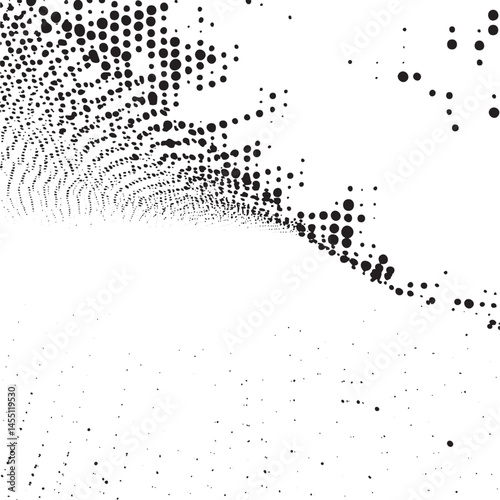 Dense black dots cascade across a white background creating an abstract flowing .