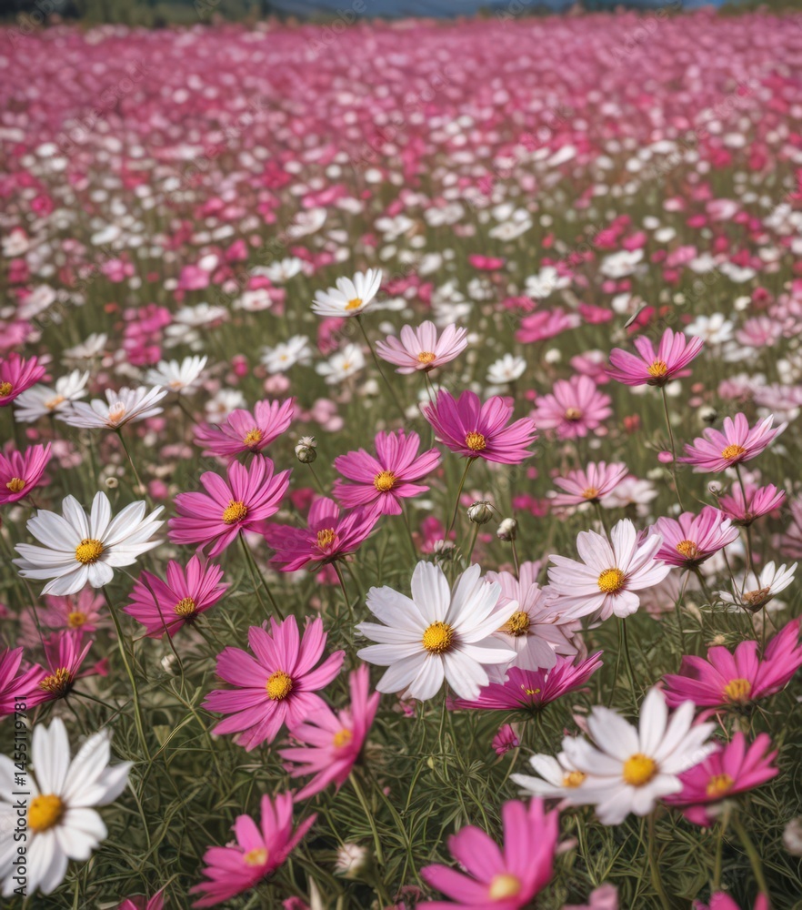 Obraz premium Vast cosmos field, vibrant pink and white blooms, scenic, photography, background