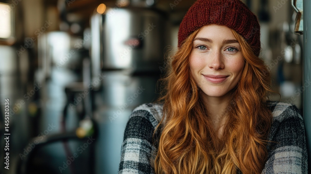 Smiling redhead woman in a brewery Smiling redhead woman in a brewery