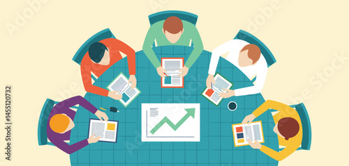 Team Collaboration and Project Planning, Businessmen Discussing Tasks and Workflow Organization Illustration 
