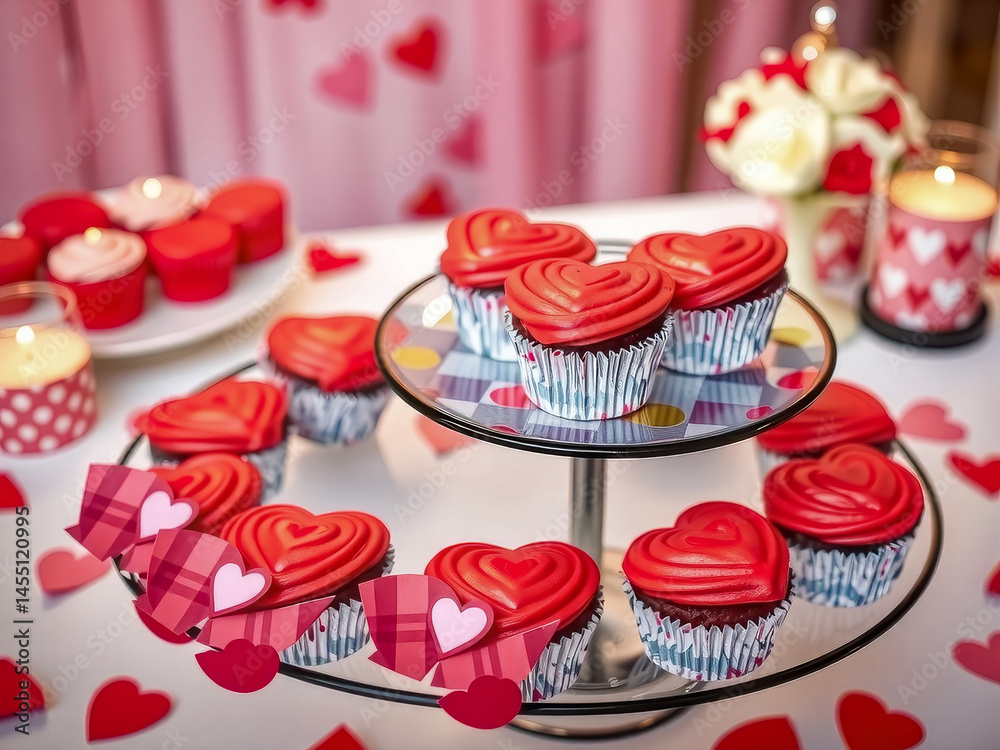 A table with a red heart shaped cupcake stand with red cupcakes on it. There are also other red cupcakes on the table