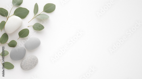 Minimal Spa Flat Lay with Stones, Leaf, and White Cup
