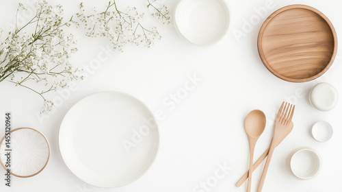 Minimalist Tableware Flat Lay with White and Wooden Dishes
