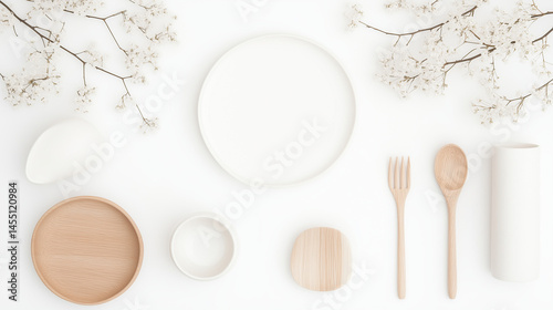 Minimalist Tableware Flat Lay with White and Wooden Dishes
